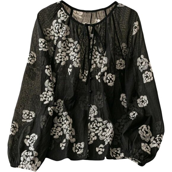 Tops - Women's Boho Peasant Blouses Floral Embroidered Tops Summer Sheer Tie Front Flow